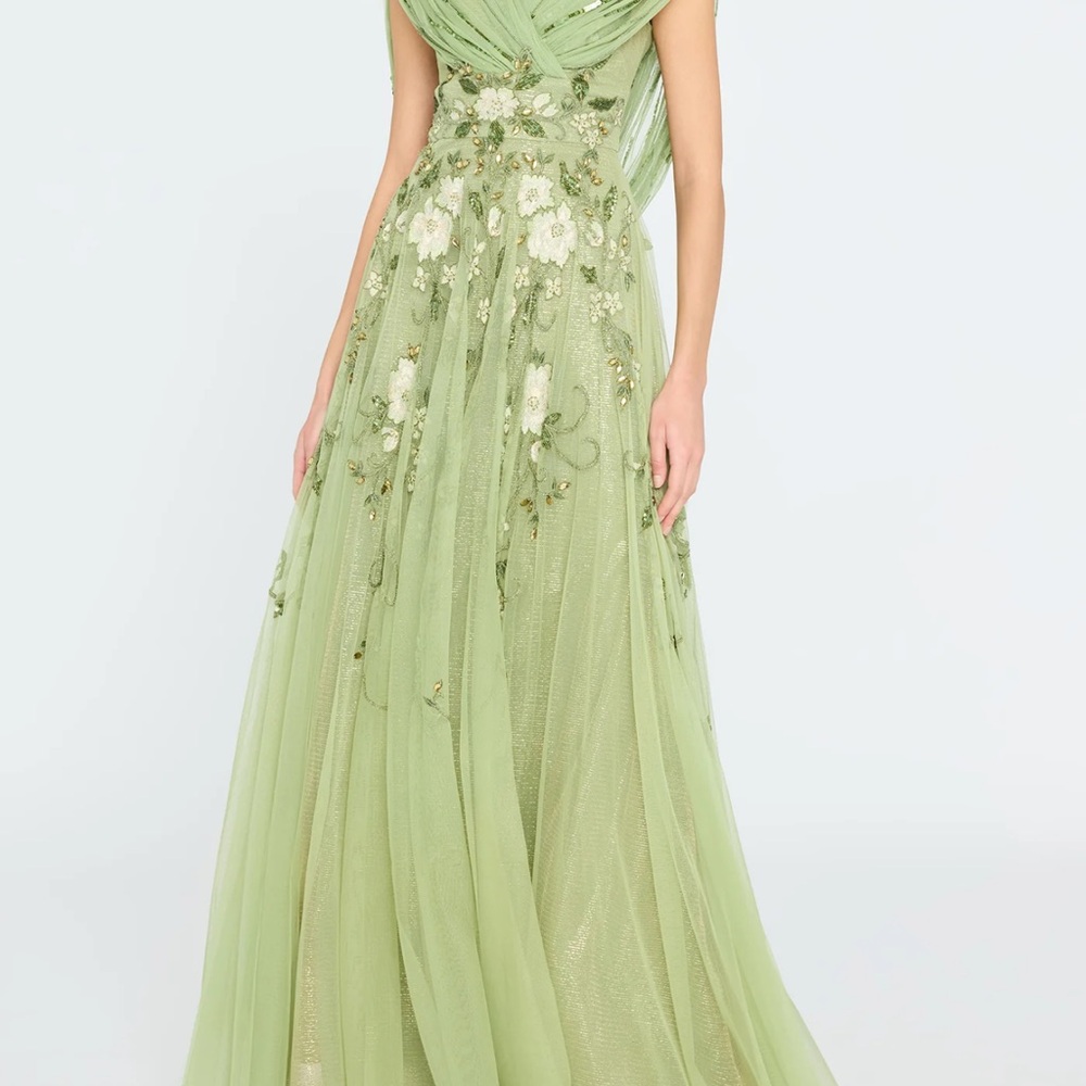 Theia Jenna V Neck Beaded Elegant Green Gown